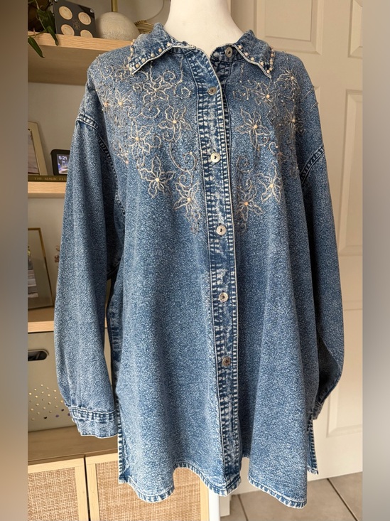 CZ Club Z Denim Jackets & Blazers - Vintage Club Z Denim Acid Wash Embroidered beaded Studded Oversized Shirt 80s 90